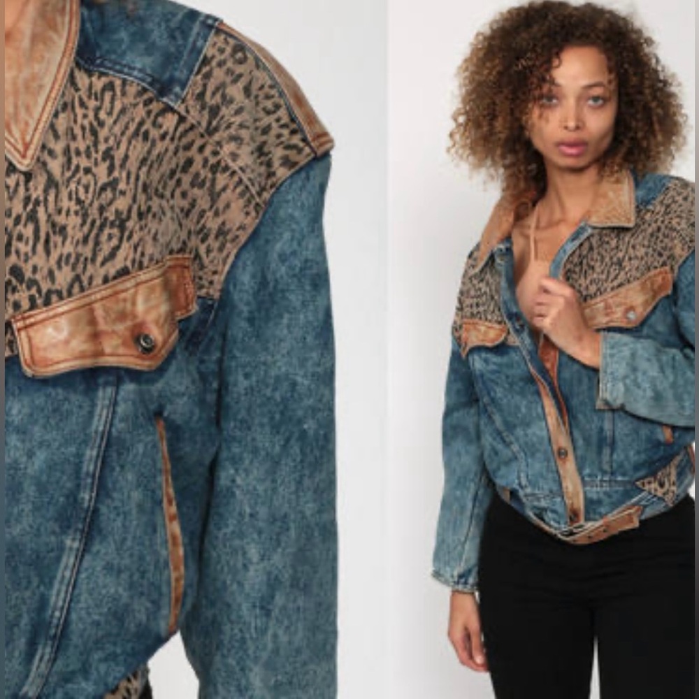 Vintage Havoc 80’s 90’s Acid Wash Denim & Leather Patch Print Jacket